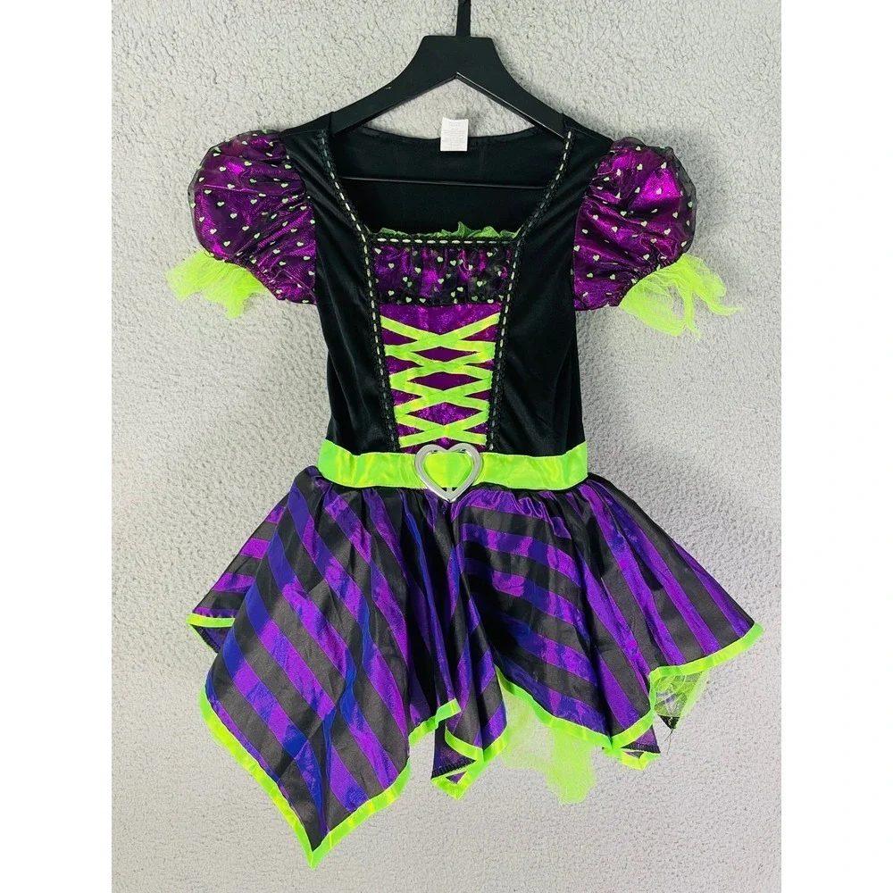 Witch Costume Halloween‎ Dress Girls Size S (6/6X) Purple Black Green Heart Belt